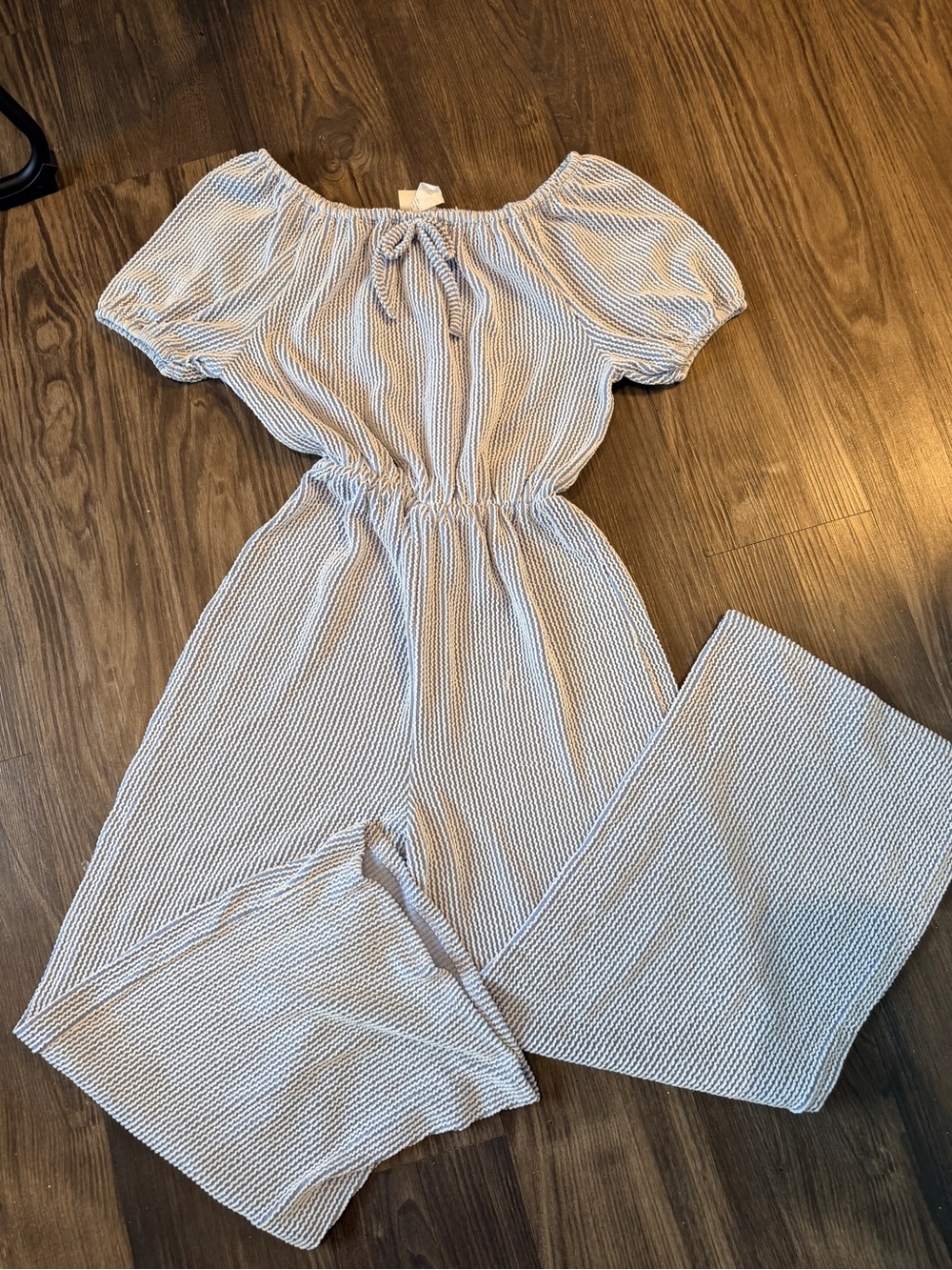 Striped Off-Shoulder Wide-Leg Jumpsuit in Light Blue